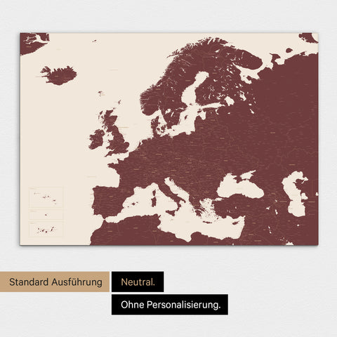 Neutrale Standard Ausführung der detaillierten Europakarte als Pinnwand Leinwand in Mulberry Red