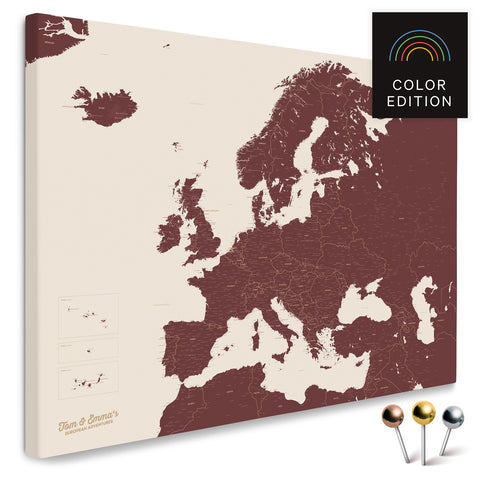Europakarte in Mulberry Red als Leinwand zum Pinnen von Reisen und Orten
