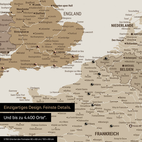 Europa Landkarte in Multicolor Braun als Leinwand zum Pinnen zeigt einen Ausschnitt von England, Frankreich und Belgien mit vielen Details wie Nationalparks, Flüssen und zahlreichen kleinen Orten und Städten, die teilweise mit Pins markiert sind