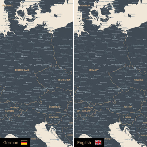 Europa Landkarte Design in Navy Light optional in deutscher oder englischer Sprache