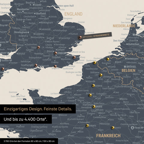 Europa Landkarte in Navy Light als Leinwand zum Pinnen zeigt einen Ausschnitt von England, Frankreich und Belgien mit vielen Details wie Nationalparks, Flüssen und zahlreichen kleinen Orten und Städten, die teilweise mit Pins markiert sind