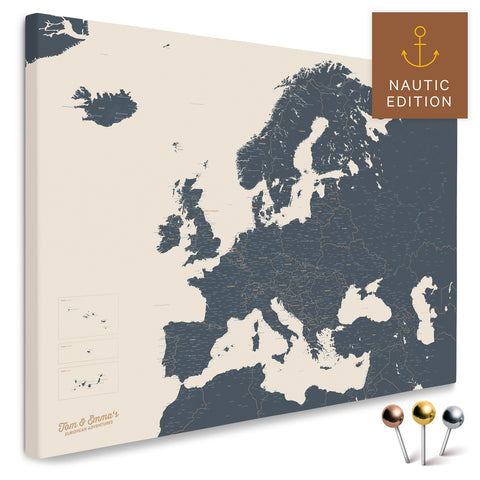 Europakarte in Navy Light als Leinwand zum Pinnen von Reisen und Orten