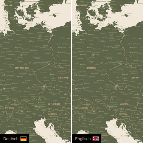 Europa Landkarte Design in Olive Green optional in deutscher oder englischer Sprache