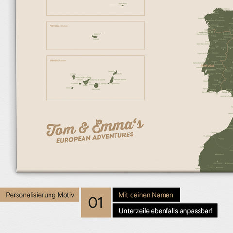 Landkarte von Europa als Pinnwand Leinwand in Olive Green mit Personalisierung und Namen
