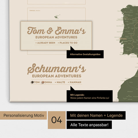 Europa Landkarte als Leinwand in Olive Green mit Personalisierung als Logo mit Familiennamen