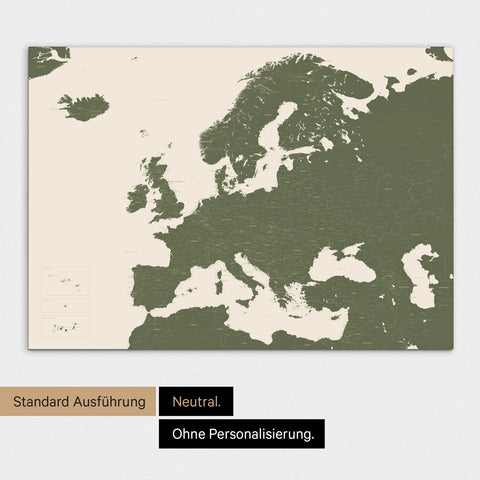 Neutrale Standard Ausführung der detaillierten Europakarte als Pinnwand Leinwand in Olive Green