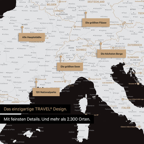 Highlights der Europa Landkarte in Schwarz-Weiß zeigen sehr detaillierte Ausschnitte mit Nationalparks, Bergen und Flüssen