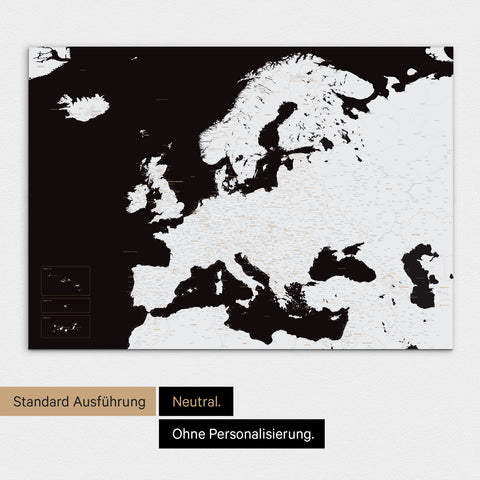 Neutrale Standard Ausführung der detaillierten Europakarte als Pinnwand Leinwand in Schwarz-Weiß