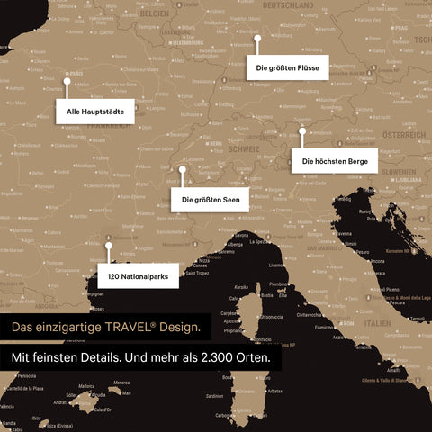 Highlights der Europa Landkarte in Sonar Black (Schwarz-Gold) zeigen sehr detaillierte Ausschnitte mit Nationalparks, Bergen und Flüssen