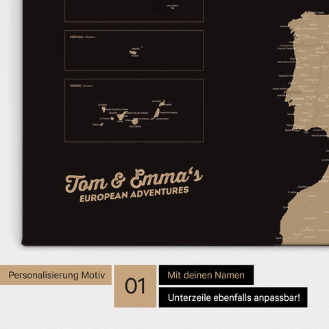 Landkarte von Europa als Pinnwand Leinwand in Sonar Black (Schwarz-Gold) mit Personalisierung und Namen