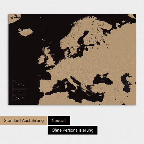 Neutrale Standard Ausführung der detaillierten Europakarte als Pinnwand Leinwand in Sonar Black (Schwarz-Gold)