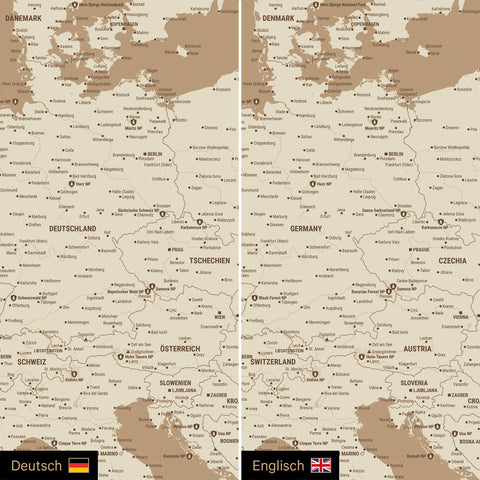 Europa Landkarte Design in Treasure Gold optional in deutscher oder englischer Sprache