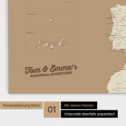 Landkarte von Europa als Pinnwand Leinwand in Treasure Gold mit Personalisierung und Namen