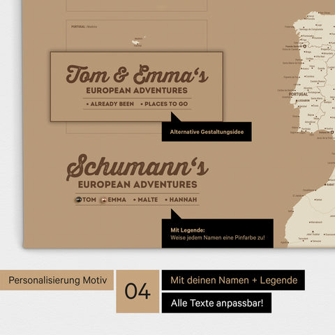 Europa Landkarte als Leinwand in Treasure Gold mit Personalisierung als Logo mit Familiennamen