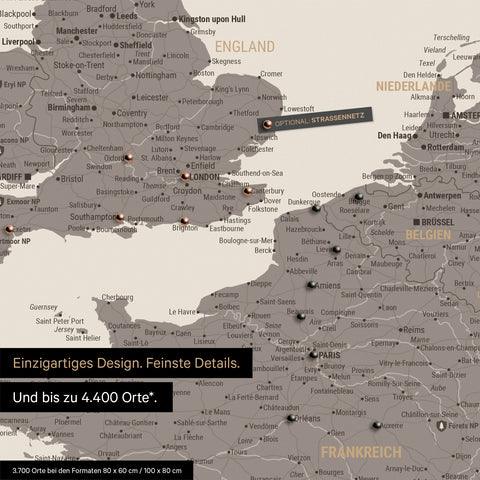 Europa Landkarte in Warmgray (Braun-Grau) als Leinwand zum Pinnen zeigt einen Ausschnitt von England, Frankreich und Belgien mit vielen Details wie Nationalparks, Flüssen und zahlreichen kleinen Orten und Städten, die teilweise mit Pins markiert sind