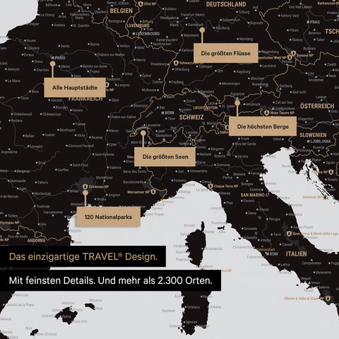 Highlights der Europa Landkarte in Weiß-Schwarz zeigen sehr detaillierte Ausschnitte mit Nationalparks, Bergen und Flüssen