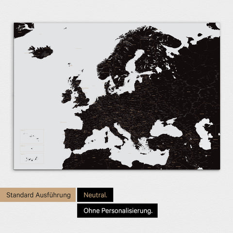 Neutrale Standard Ausführung der detaillierten Europakarte als Pinnwand Leinwand in Weiß-Schwarz