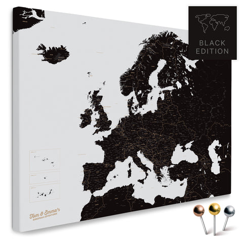 Europakarte in Weiß-Schwarz als Leinwand zum Pinnen von Reisen und Orten