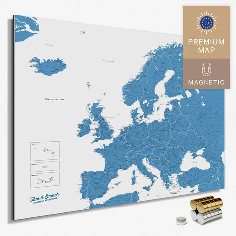 Magnetische Europakarte in der Farbe Blau in einem modernen, minimalistischem Design als Magnetboard zum Pinnen und Markieren von Reisezielen kaufen