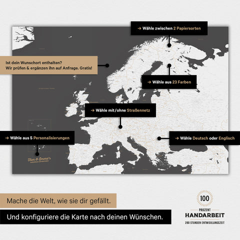 Magnetische Landkarte von Europa in der Farbe Dunkelgrau zeigt die vielen Konfigurationsmöglichkeiten von personalisierbaren Magnetboards