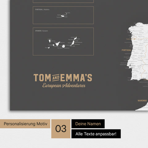 Magnetboard Europakarte in Dunkelgrau mit Personalisierung im Vintage-Stil