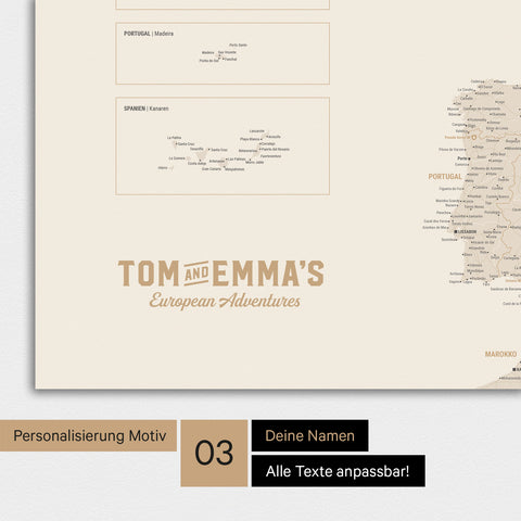 Magnetboard Europakarte in Gold mit Personalisierung im Vintage-Stil