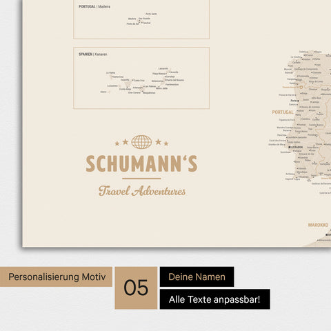 Magnetische Europa-Karte in einem modernen Design in Gold als Magnetboard mit Personalisierung als Logo mit einer Weltkugel