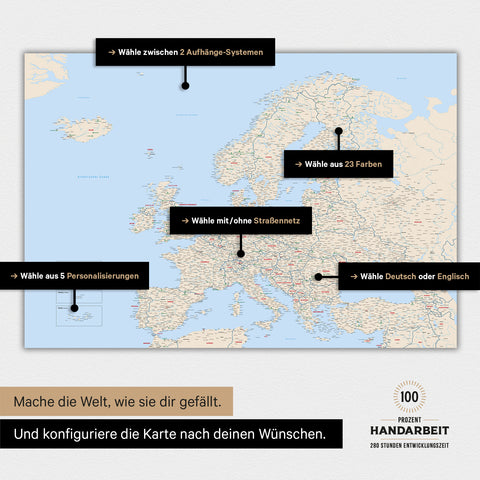 Magnetische Landkarte von Europa in der Farbe Multicolor Classic zeigt die vielen Konfigurationsmöglichkeiten von personalisierbaren Magnetboards