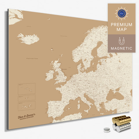 Magnetische Europakarte in der Farbe Treasure Gold in einem modernen, minimalistischem Design als Magnetboard zum Pinnen und Markieren von Reisezielen kaufen