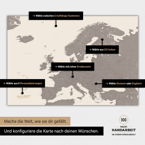 Magnetische Landkarte von Europa in der Farbe Warmgray (Braun-Grau) zeigt die vielen Konfigurationsmöglichkeiten von personalisierbaren Magnetboards