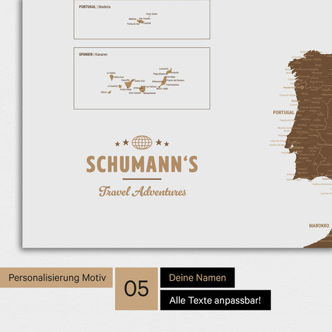 Magnetische Europa-Karte in einem modernen Design in Braun als Magnet-Poster mit Personalisierung als Logo mit einer Weltkugel