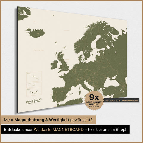 Europa-Karte TRAVEL® Magnet-Poster – Olive Green