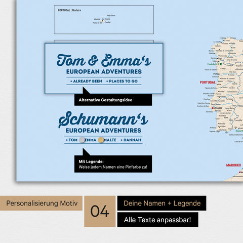 Europakarte als Magnet-Poster in Multicolor Classic mit Personalisierung als Logo mit Familiennamen und Legende