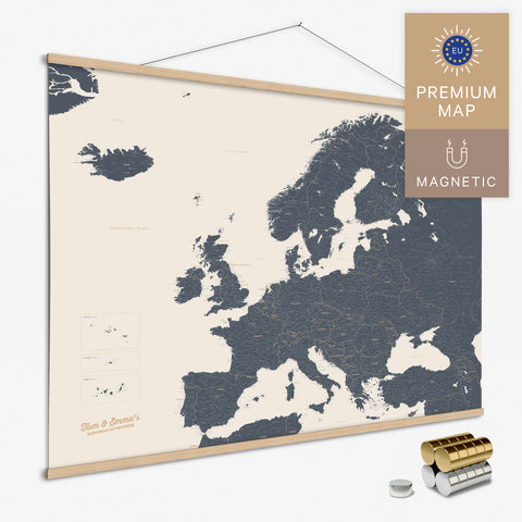 Magnetische Europakarte Magnet-Poster in der Farbe Navy Light in modernem, minimalistischen Design zum Pinnen und Markieren von Reisezielen kaufen