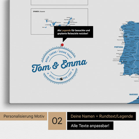 Europakarte Pinn-Leinwand in Blau mit Personalisierung als rundes Logo, das eine Legende für bereits besuchte Reiseziele im Rundtext beinhaltet