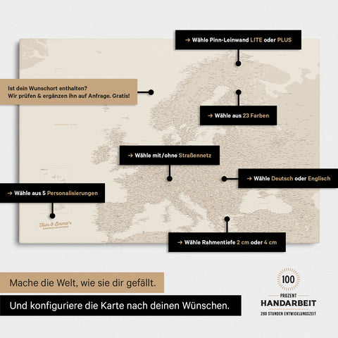 Landkarte von Europa in der Farbe Gold zeigt die vielen Konfigurationsmöglichkeiten von personalisierbaren Pinn-Leinwänden