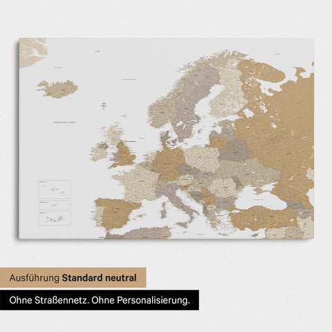 Neutrale Standard Ausführung der detaillierten Europakarte als Pinnwand Leinwand in Multicolor Beige ohne Personalisierung