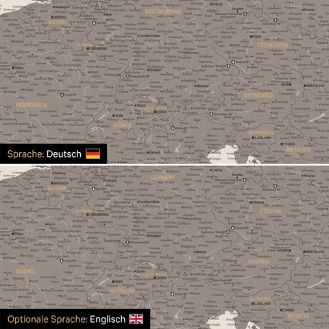 Europa Landkarte Design in Warmgray (Braun-Grau) wahlweise in deutscher oder englischer Sprache