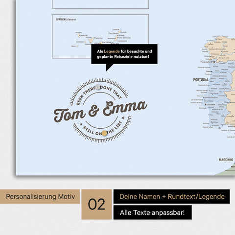 Personalisierte Magnet-Politische Europakarte in Multicolor Atlas mit rundem Logo, das eine Legende für bereits besuchte Reiseziele beinhaltet