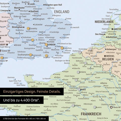 Ausschnitt einer magnetischen Politische Europakarte in Multicolor Atlas zeigt einen Ausschnitt von England, Frankreich und Belgien mit Details wie Nationalparks, Flüssen und zahlreichen kleineren Orten und Städten