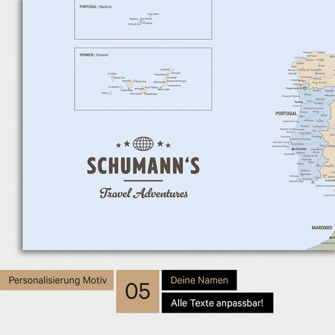 Magnetische Europa-Karte in einem modernen Design in Multicolor Atlas als Magnet-Poster mit Personalisierung als Logo mit einer Weltkugel