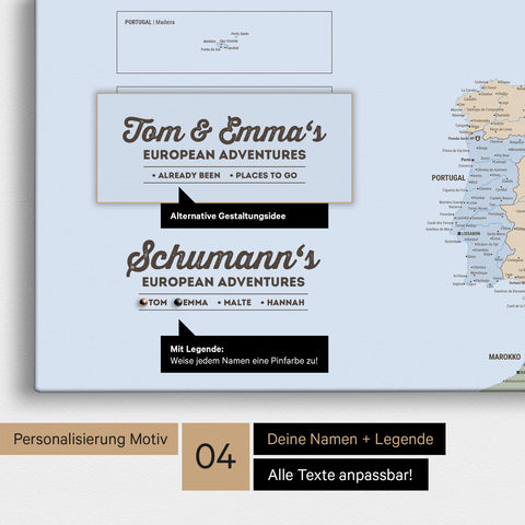 Politische Europa Landkarte als Leinwand in Multicolor Atlas mit Personalisierung als Logo mit Familiennamen und Legende für Orte, die man bereits besucht hat und noch besuchen möchte