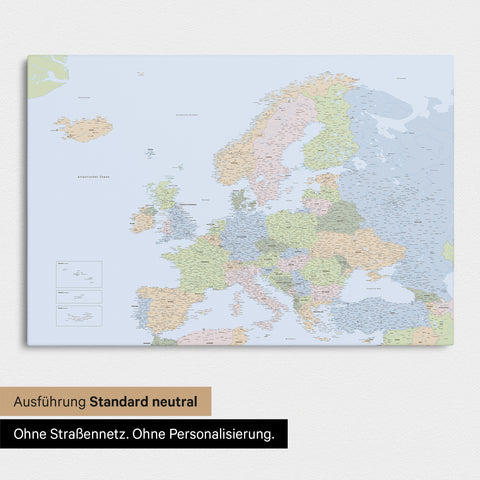 Neutrale Standard Ausführung der detaillierten Politische Europakarte als Pinnwand Leinwand in Multicolor Atlas ohne Personalisierung