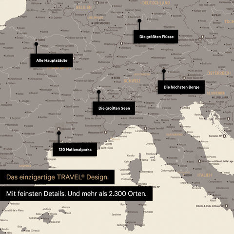 Robustes Poster als Europa Karte in Warmgray zum Pinnen von Reisen