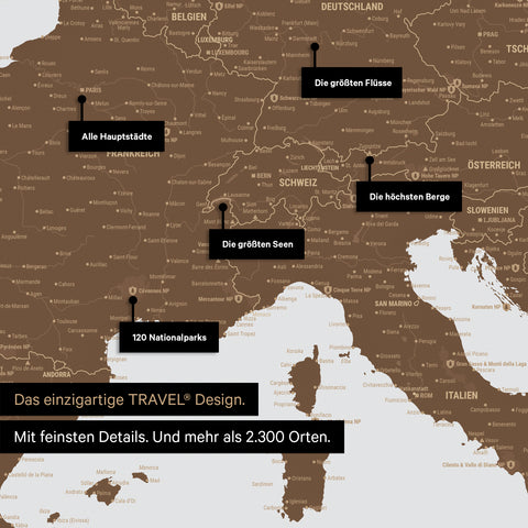 Robustes Poster als Europa Karte in Braun zum Pinnen von Reisen