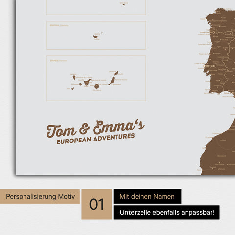 Europa Karte als Poster in Braun mit Personalisierung und Namen