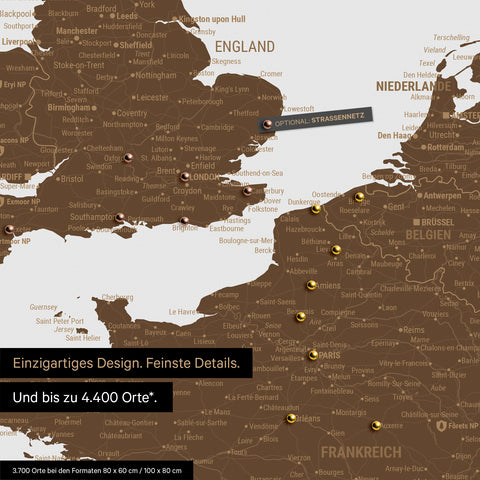 Moderne Europa Landkarte in der Farbe Braun als Poster mit einem Ausschnitt von Italien, Kroatien und Griechenland