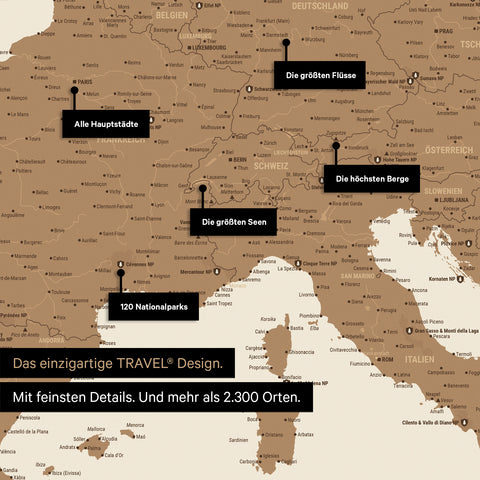 Robustes Poster als Europa Karte in Bronze zum Pinnen von Reisen