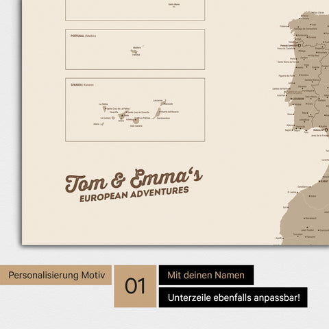 Europa Karte als Poster in Desert Sand mit Personalisierung und Namen