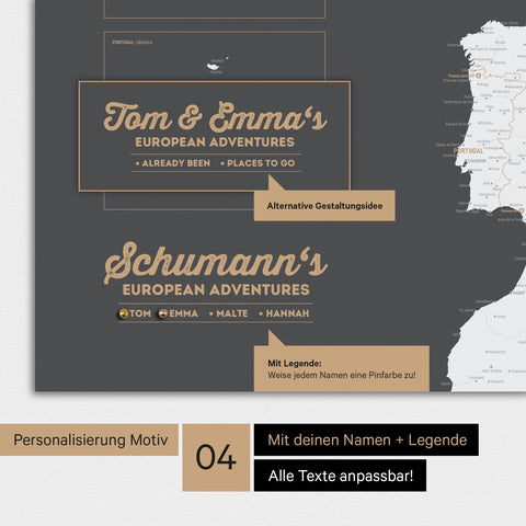 Europa Karte als Poster in Dunkelgrau mit Personalisierung als Logo mit Familiennamen